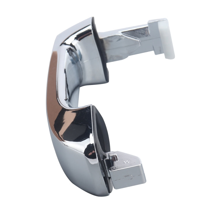 Exterior chrome door handle end view with bracket and latch mount