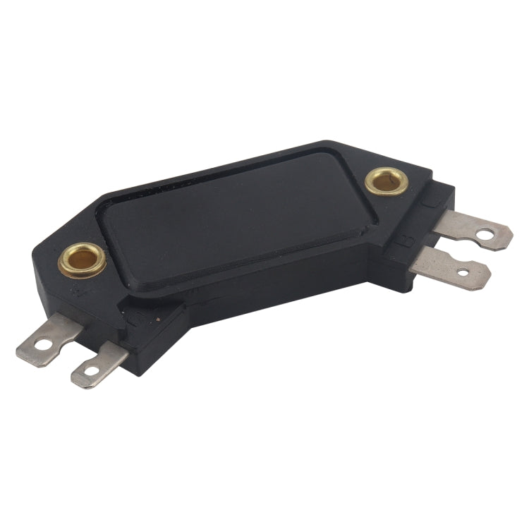 Black car ignition control module with metal mounting tabs and spade terminals