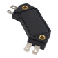 Black ignition control module with brass pins and angled metal mounting tabs