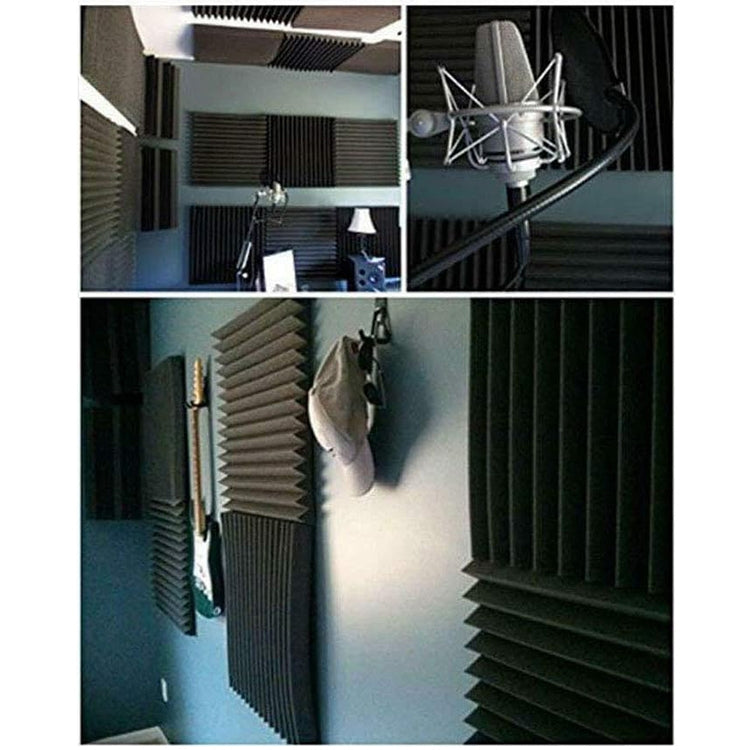 Black triangular-groove acoustic foam panels mounted on room walls