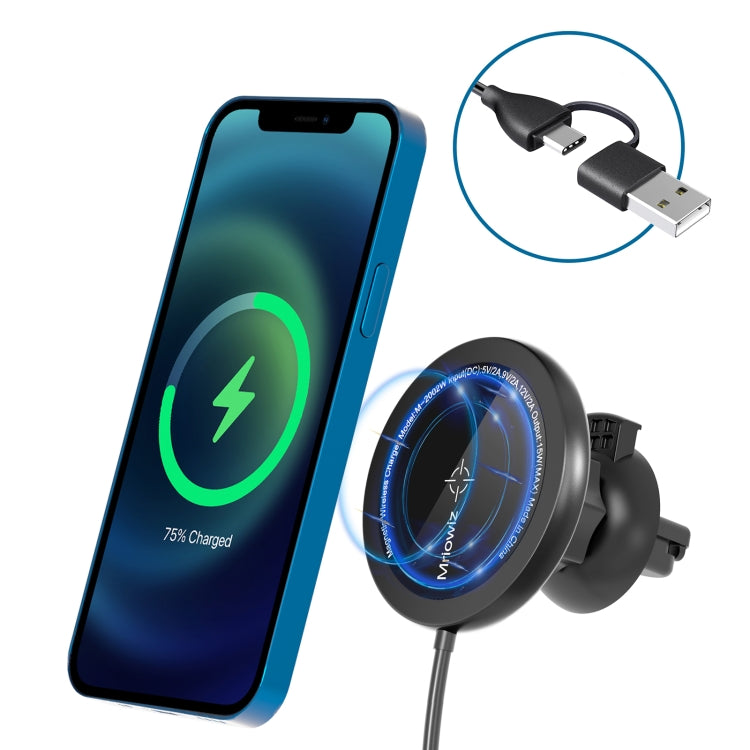 MagSafe magnetic car wireless charger with 360° rotating mount and blue phone charging
