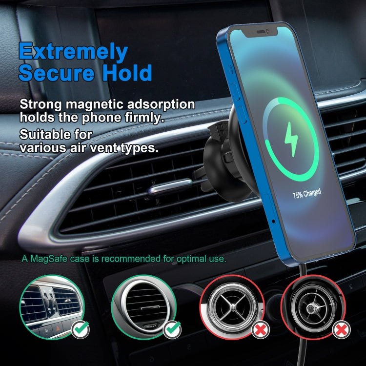 MagSafe car wireless charger with phone secured to air vent, rotating disc