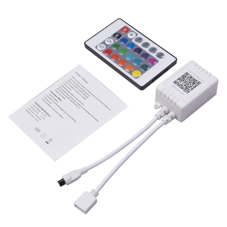 LED RGB controller with Bluetooth remote, instruction sheet, and two cables