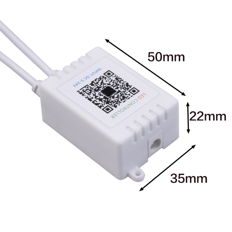 LED RGB controller module with QR label and size dimensions on cable box