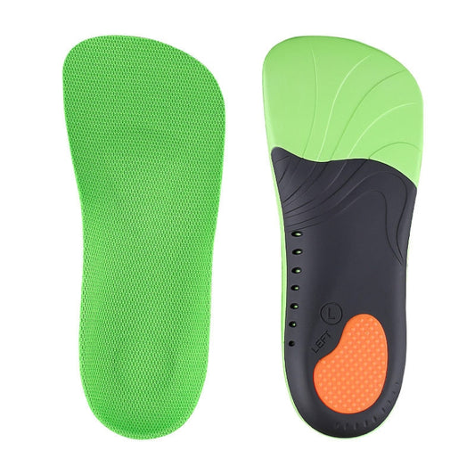 Green arch support shoe insole with orange gel heel pad and black base
