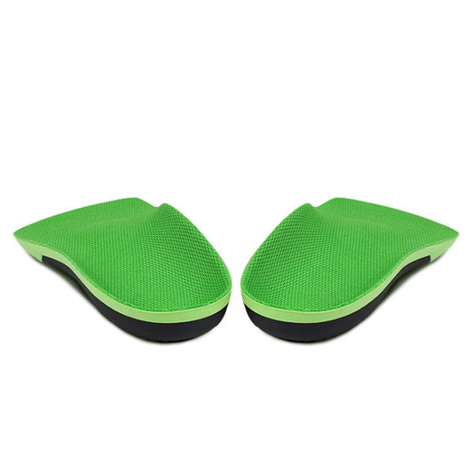 Pair of green arch support insoles with black sides and rounded heel cup