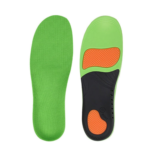 Pair of green arch support insoles with orange textured massage pads