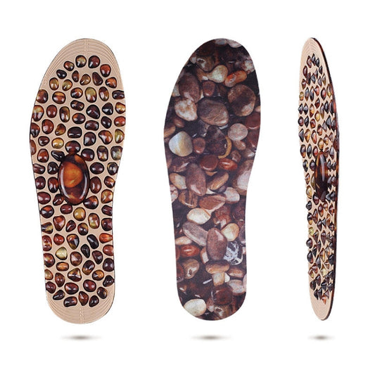 Massage insole pad with pebble-pattern surface, curved beige base and dark brown accents.
