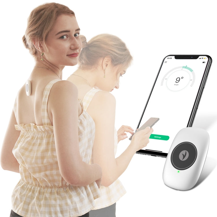 Posture orthosis sensor worn on a white dress, with posture app shown on phone