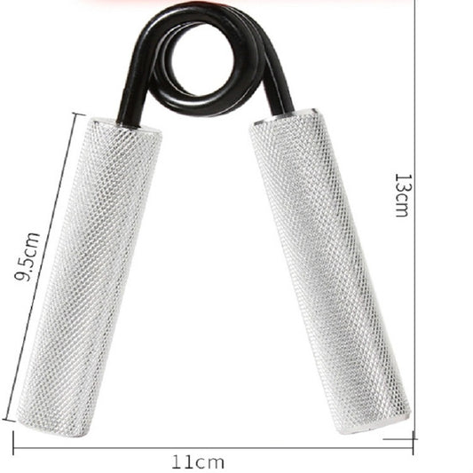 Wrist strength trainer with black spring and silver mesh grips, size shown