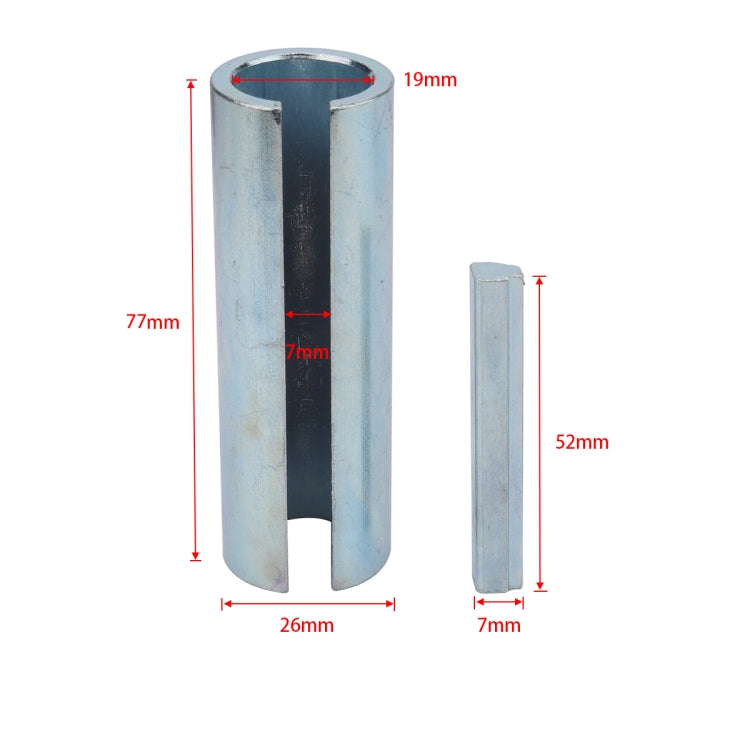 Crankshaft sleeve adapter dimensions: 77mm length, 26mm width, 19mm inner opening.