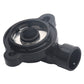 Throttle body position sensor with metal insert inside black cap and angled plastic outlet