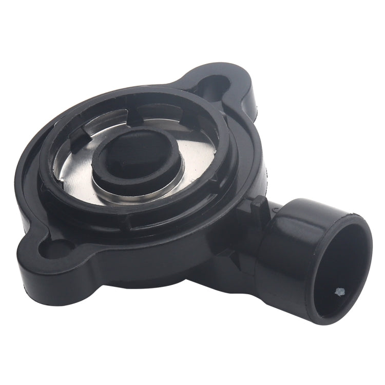 Throttle body position sensor with metal insert inside black cap and angled plastic outlet