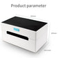 Thermal label printer, white body with label slot and blue display, shown with dimensions
