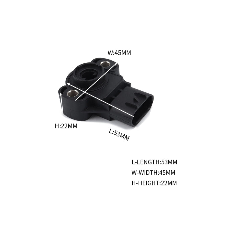 Black throttle position sensor dimensions: 53mm length, 45mm width, 22mm height