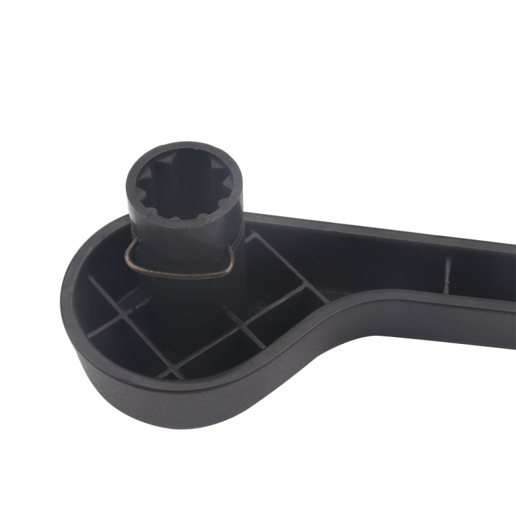 Car seat adjustment handle, underside view showing cross-hatched ribs and socket