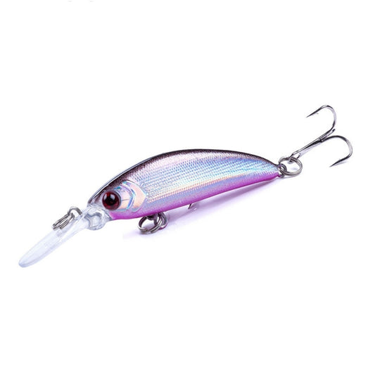 Purple-blue minnow-style fishing lure with clear lip and treble hook set