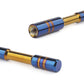 Aluminum car signal antenna close-up with blue body, gold trim, and threaded end