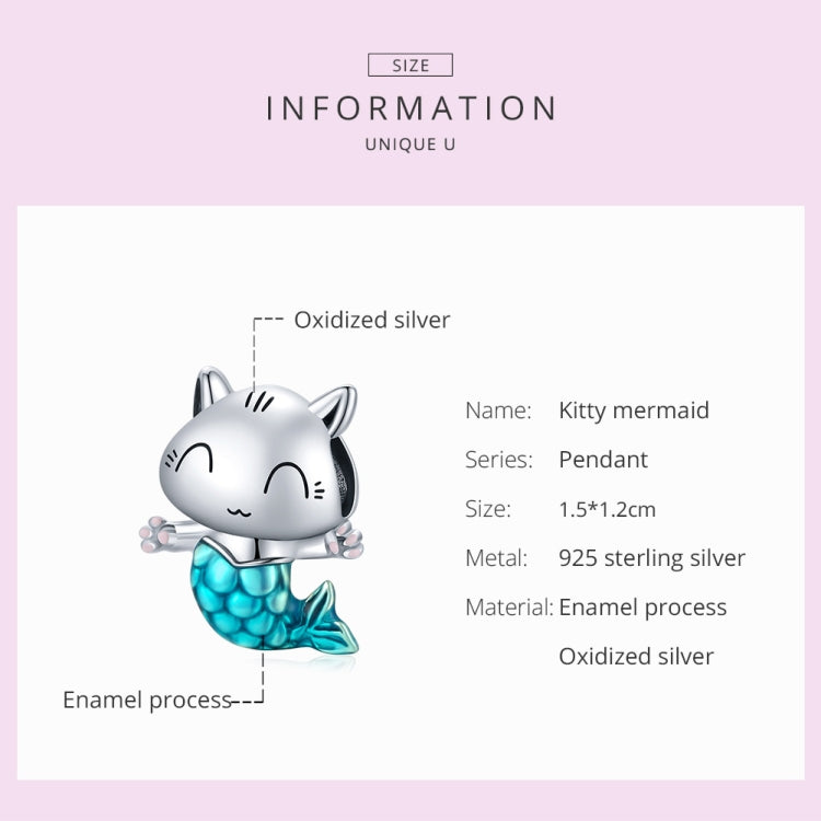 Oxidized sterling silver cat mermaid charm bead with turquoise blue enamel tail
