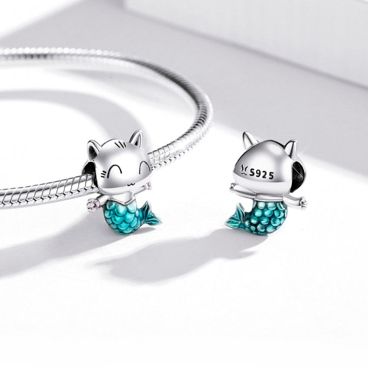 Snake-chain bracelet with sterling silver cat mermaid charm bead and turquoise enamel tail