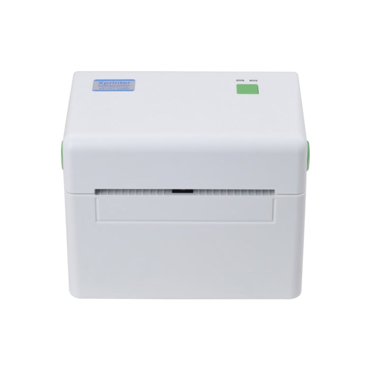 White portable thermal barcode printer front view with paper slot and green buttons