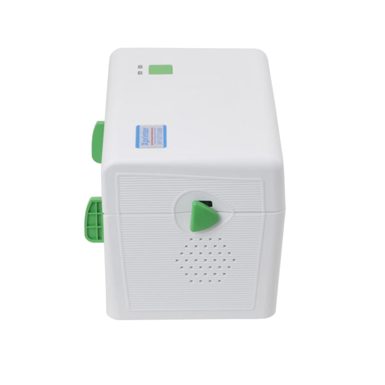 White portable thermal barcode printer back view with speaker grille and green controls