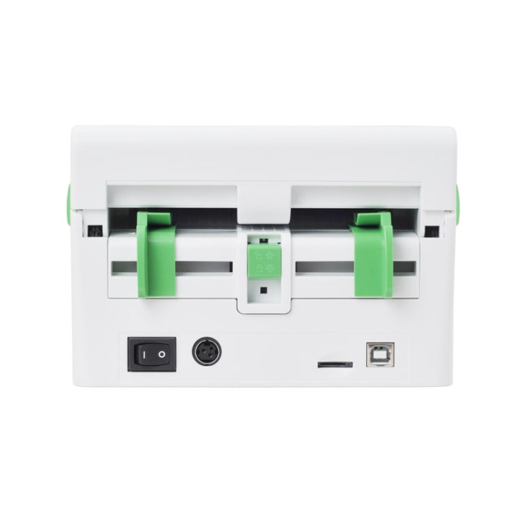 White portable thermal barcode printer rear panel with power switch, USB and card slot