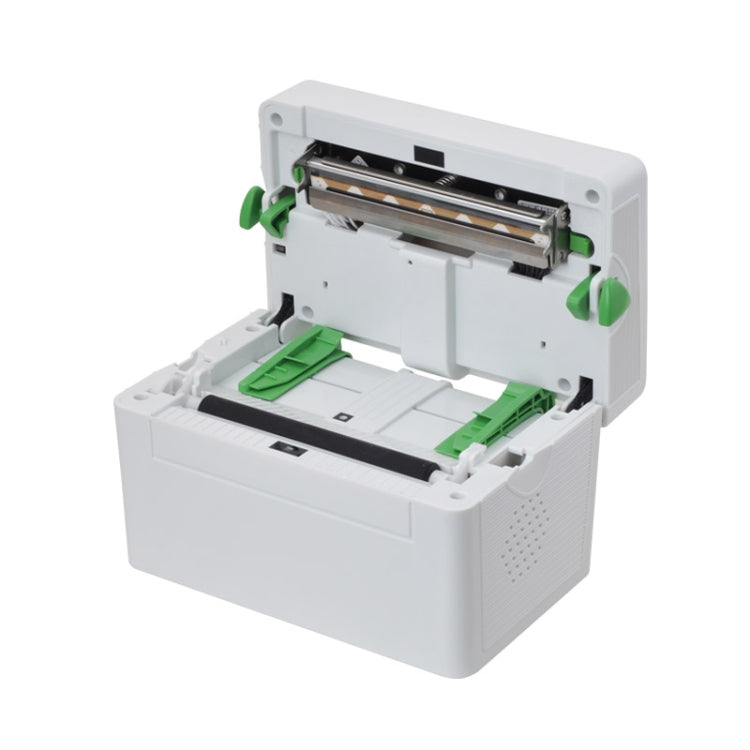 White portable thermal barcode printer with open top showing print mechanism and green clips