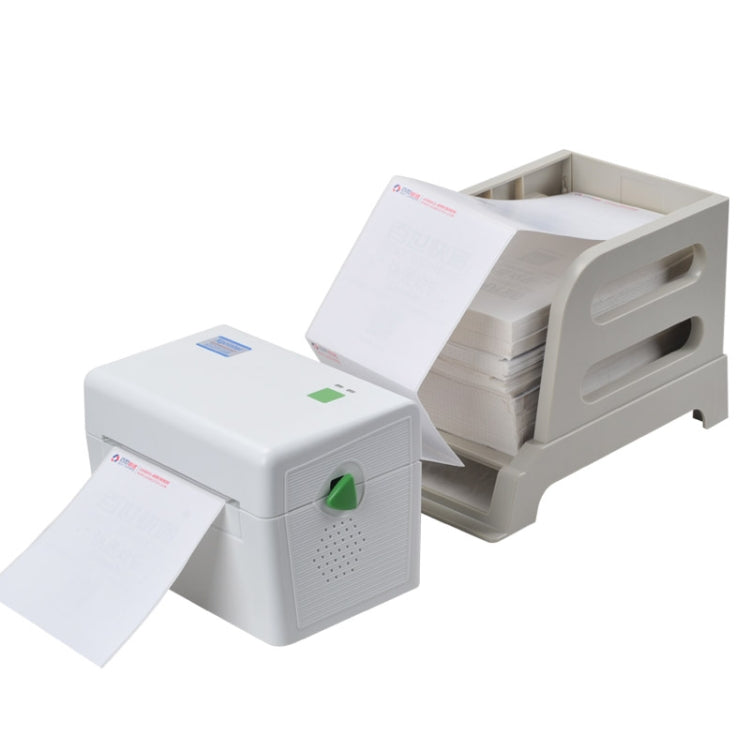 White portable thermal barcode printer with output tray extended and partially loaded paper