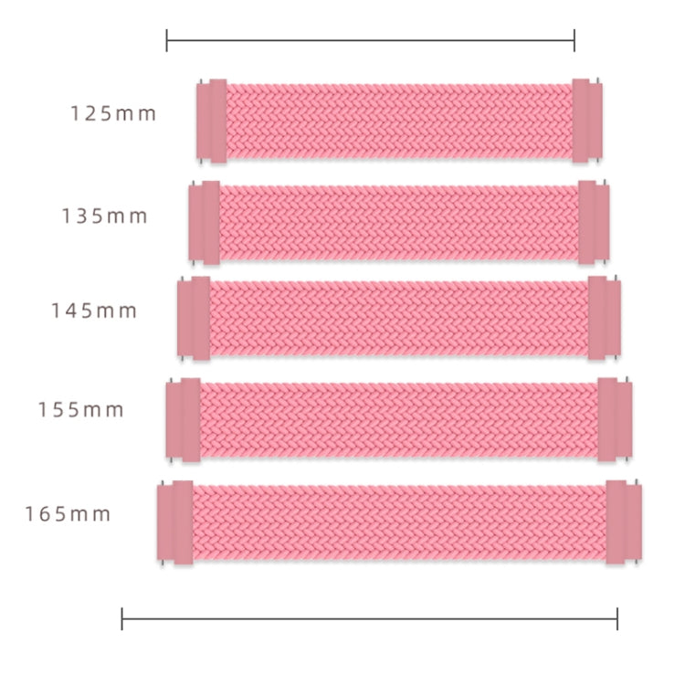 Adjustable braided nylon watch strap lengths: 125mm to 165mm, shown in pink