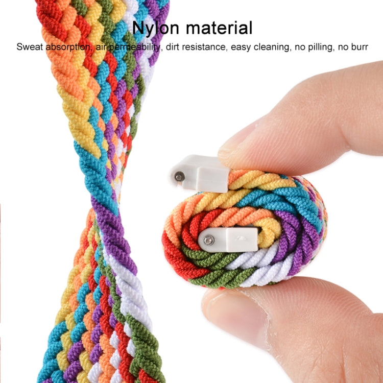 Multicolor rainbow braided nylon watch strap with adjustable metal clasp, close-up