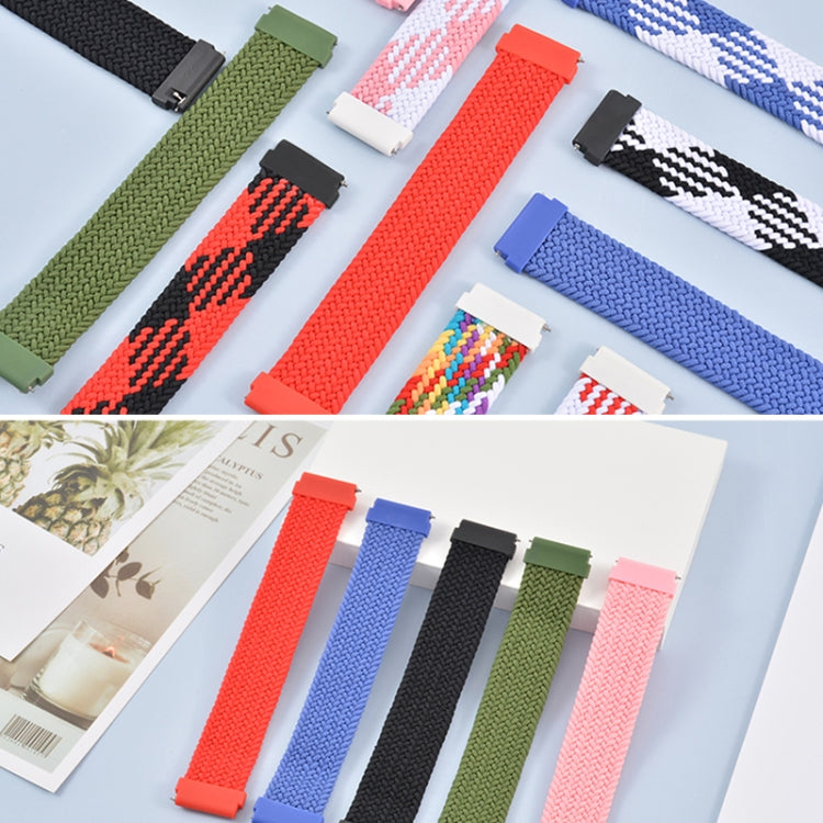 Assorted woven nylon watch straps in multiple colors, shown with metal buckle tabs
