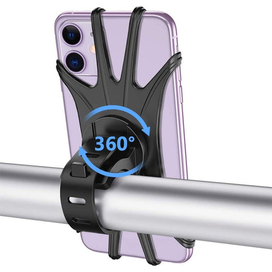 Bicycle phone holder with black 360-degree rotating mount holding a phone