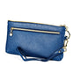Blue pebbled leather coin purse with zip top and gold chain keyring, wrist strap attached.