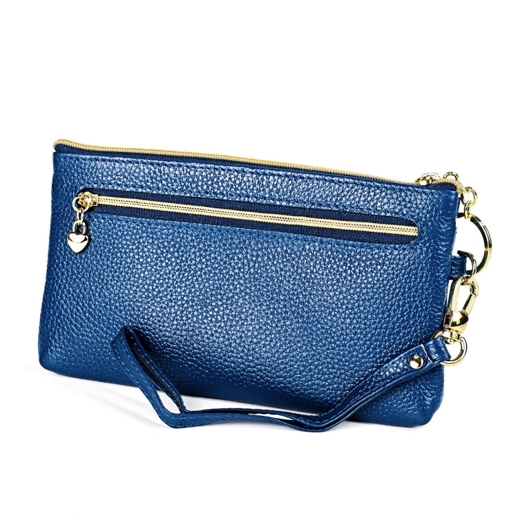 Blue pebbled leather coin purse with zip top and gold chain keyring, wrist strap attached.
