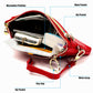 Red coin purse key case open view showing compartments, key ring, and wrist strap.