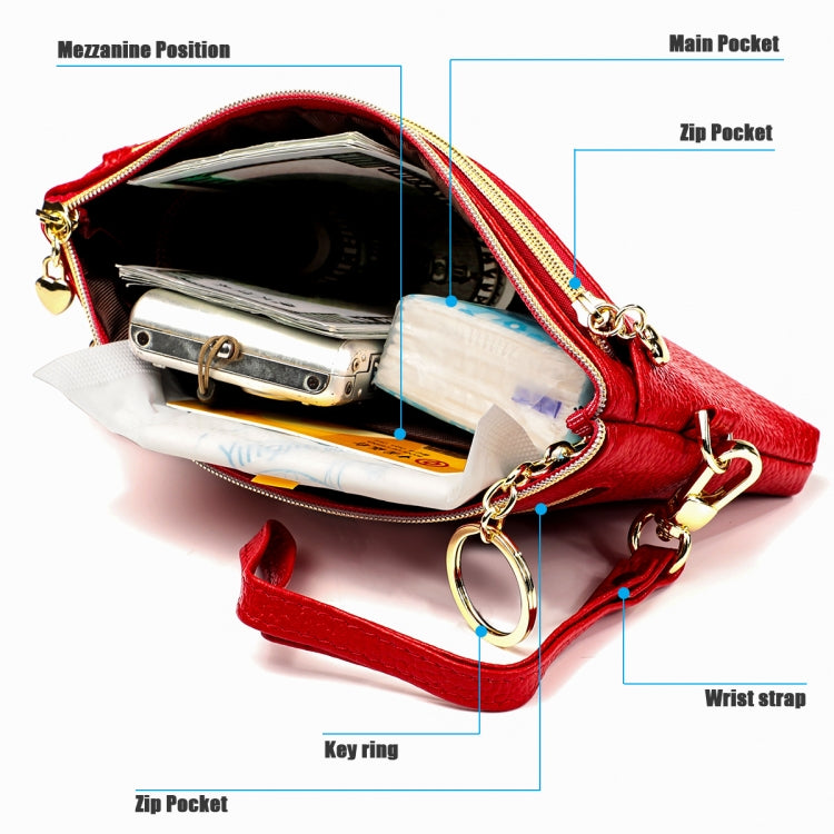 Red coin purse key case open view showing compartments, key ring, and wrist strap.