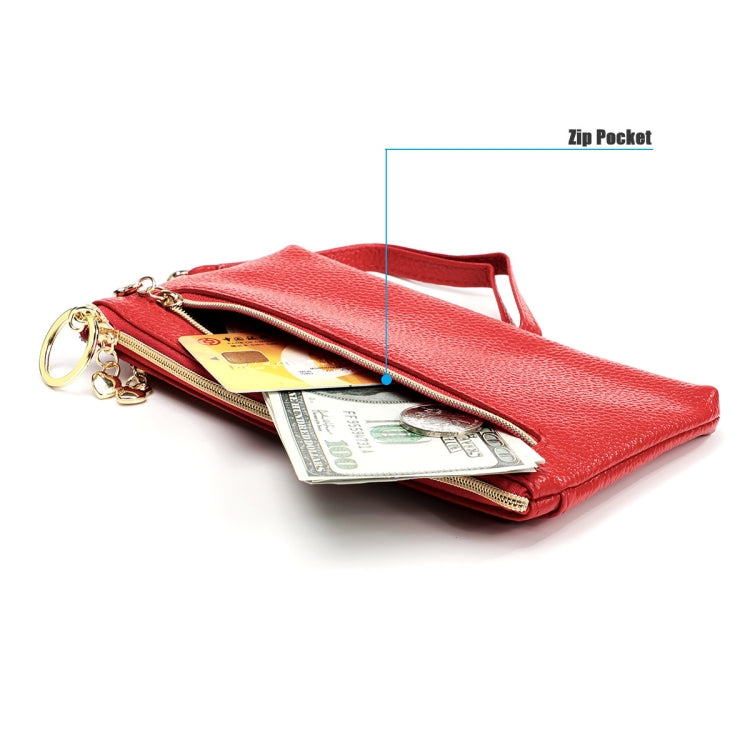 Red zip coin purse key case with cards and cash visible inside, wrist strap and keyring.