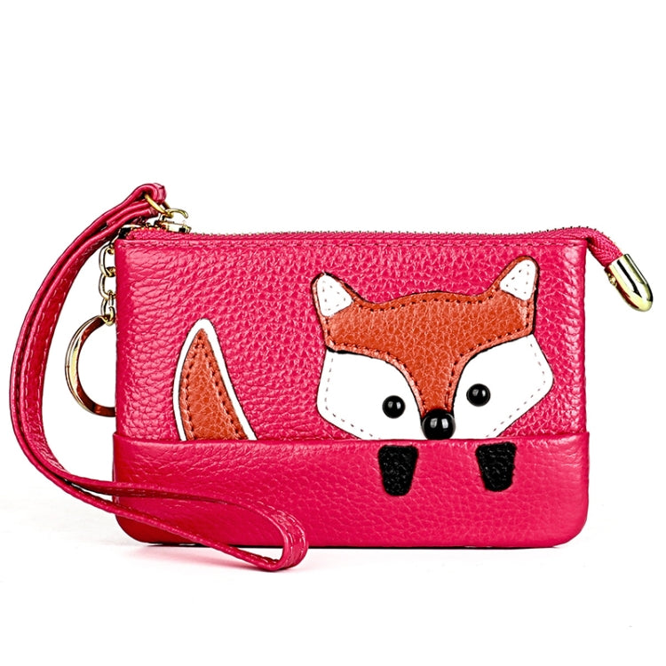 Pink mini leather fox key case with gold zipper, key ring strap, and wrist strap