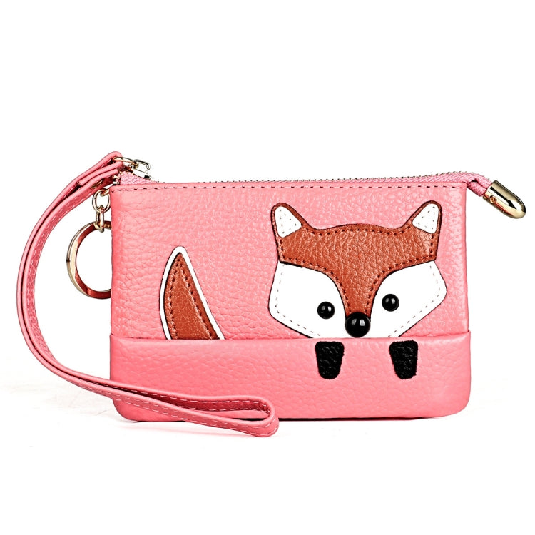 Light pink mini fox key case with gold zipper, crossbody strap, and fox face applique