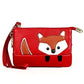 Red mini leather fox key case with gold zipper, crossbody strap, and fox face design