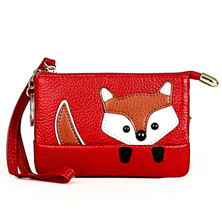 Red mini leather fox key case with gold zipper, crossbody strap, and fox face design