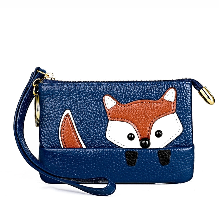 Blue mini leather fox key case with gold zipper, crossbody strap, and fox face applique