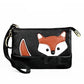 Black mini leather fox key case with gold zipper, crossbody strap, and fox face applique