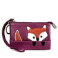 Purple mini leather fox key case with gold zipper, crossbody strap, and fox face design