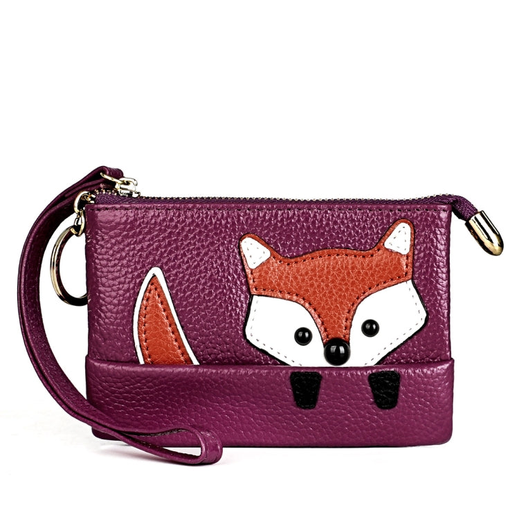 Purple mini leather fox key case with gold zipper, crossbody strap, and fox face design