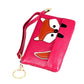 Pink mini leather fox key case with key ring and zipper, shown at side angle