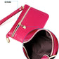 Pink fox key case open to show striped interior lining and zip pocket detail
