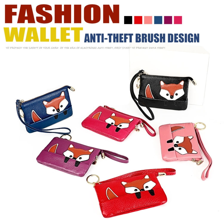 Mini zip key case wallets with fox face appliques and wrist straps in multiple colors