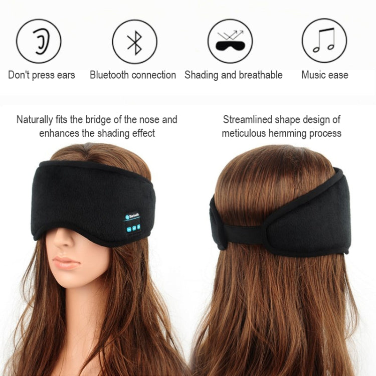 Black Bluetooth sleep eye mask worn on model’s face with control buttons visible
